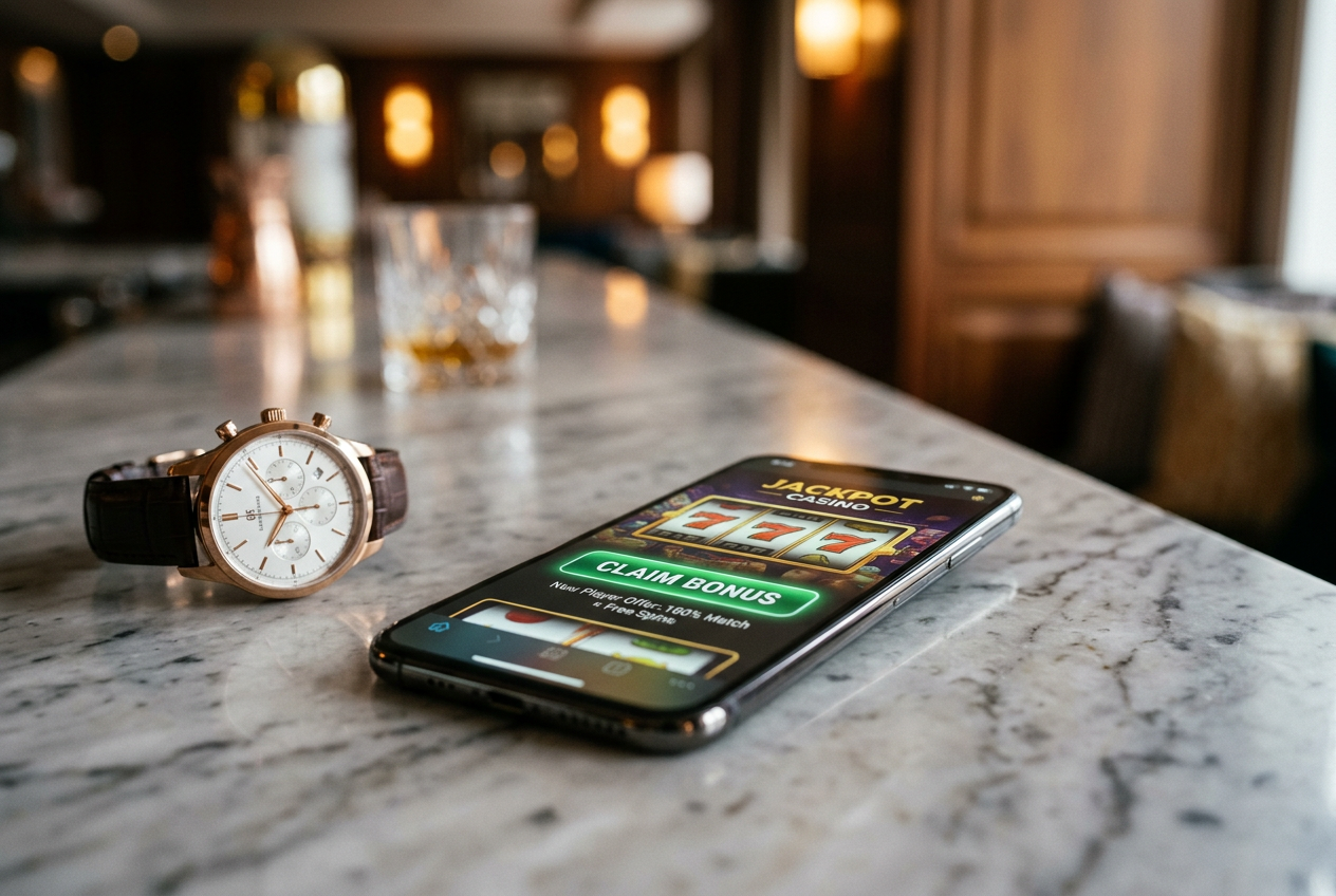 A mobile phone showing a casino bonus offer.