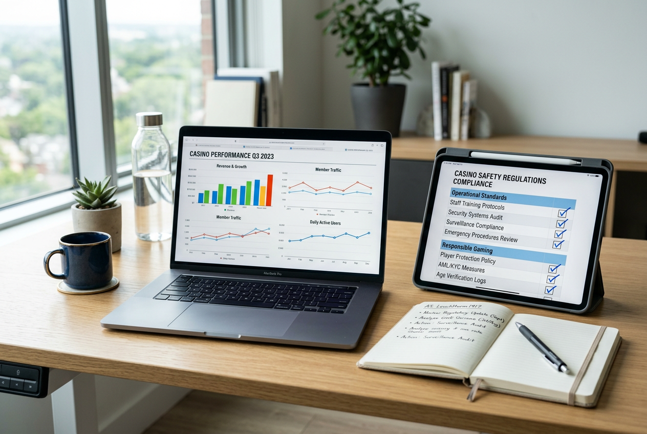 Analytical tools and a laptop for casino evaluation.