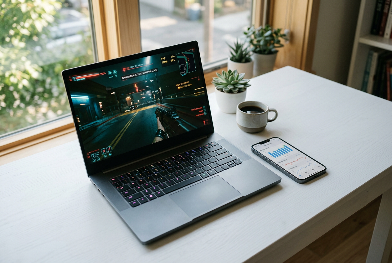 A laptop and smartphone on a desk showing casino reviews.