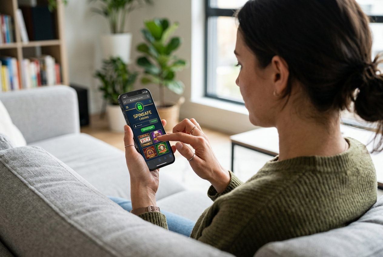 A person checking a casino app on a phone with security indicators.