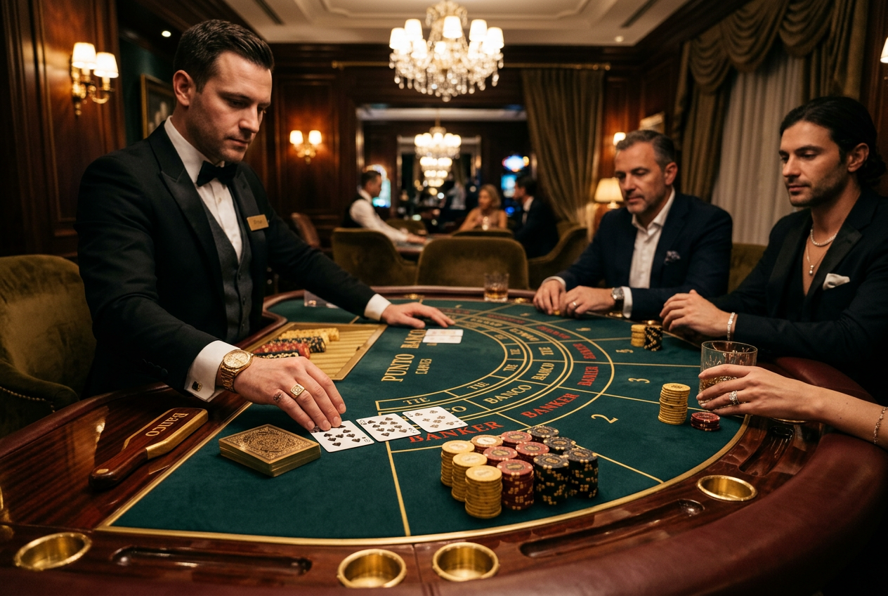 A luxury high-stakes baccarat table in a private casino lounge