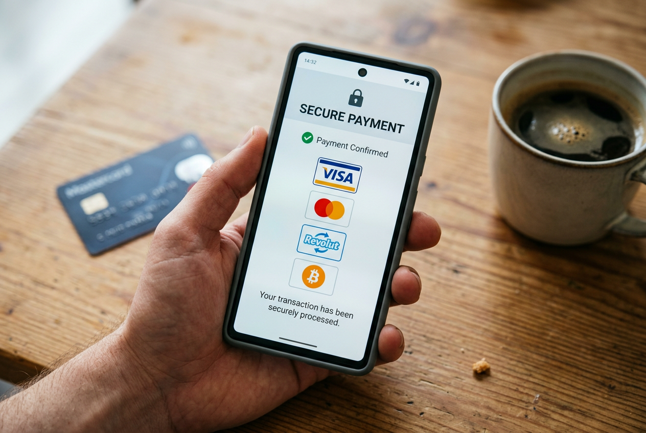 A close-up of a smartphone screen showing secure payment options.