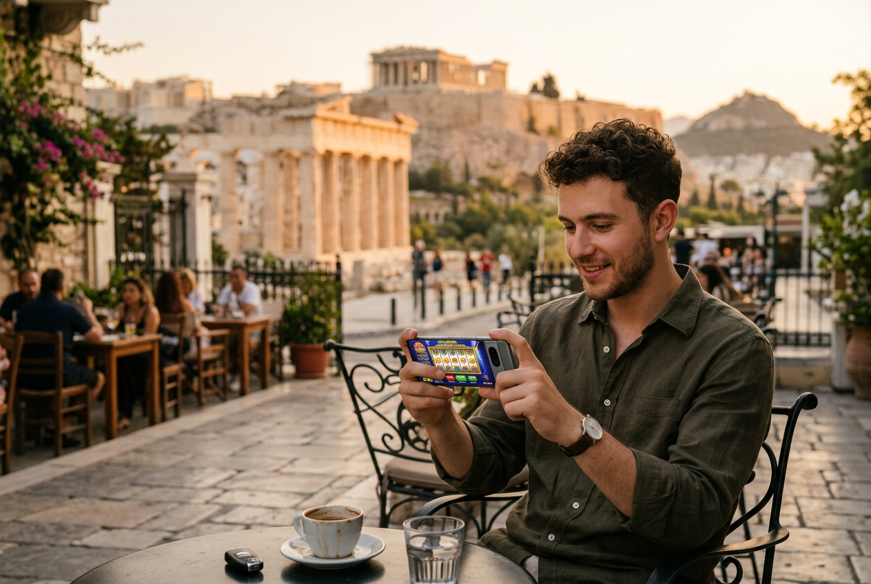 A person in Greece playing on a smartphone at a cafe.