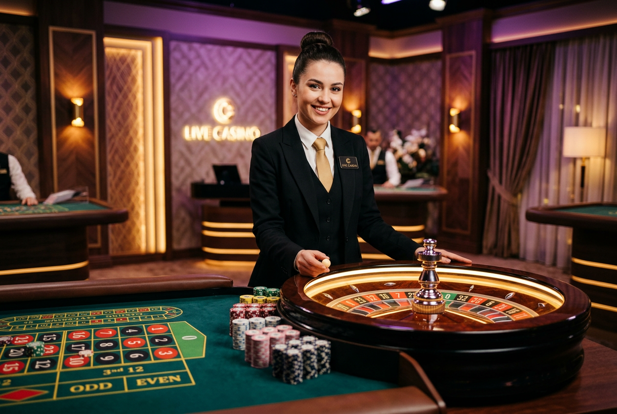 A professional live casino studio setup with a roulette wheel and dealer.
