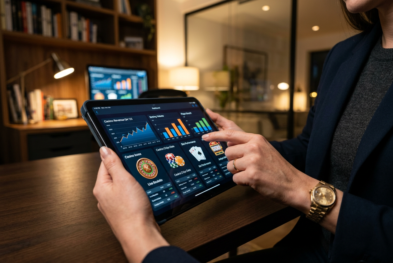 An expert analyzing online casino metrics on a digital tablet.